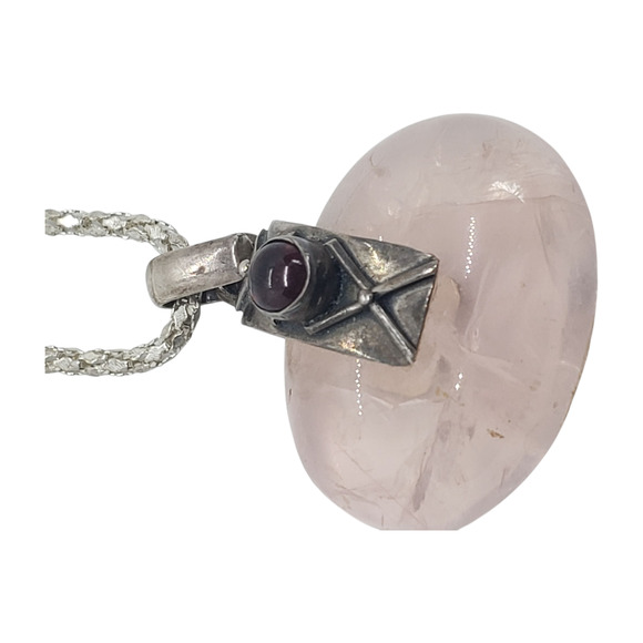 Sterling Silver 925 Rose Quartz & Garnet Cabochon Necklace On Snake Chain - Picture 3 of 13